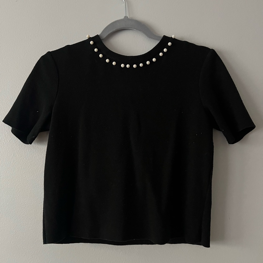 Zara Black Embellished Crop Tee Short Sleeve